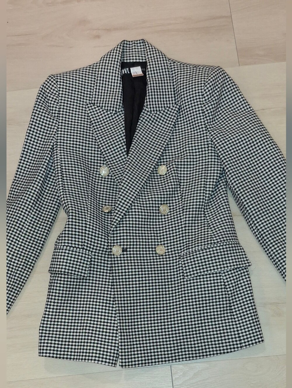 Zara Black & White Houndstooth Double-Breasted Blazer